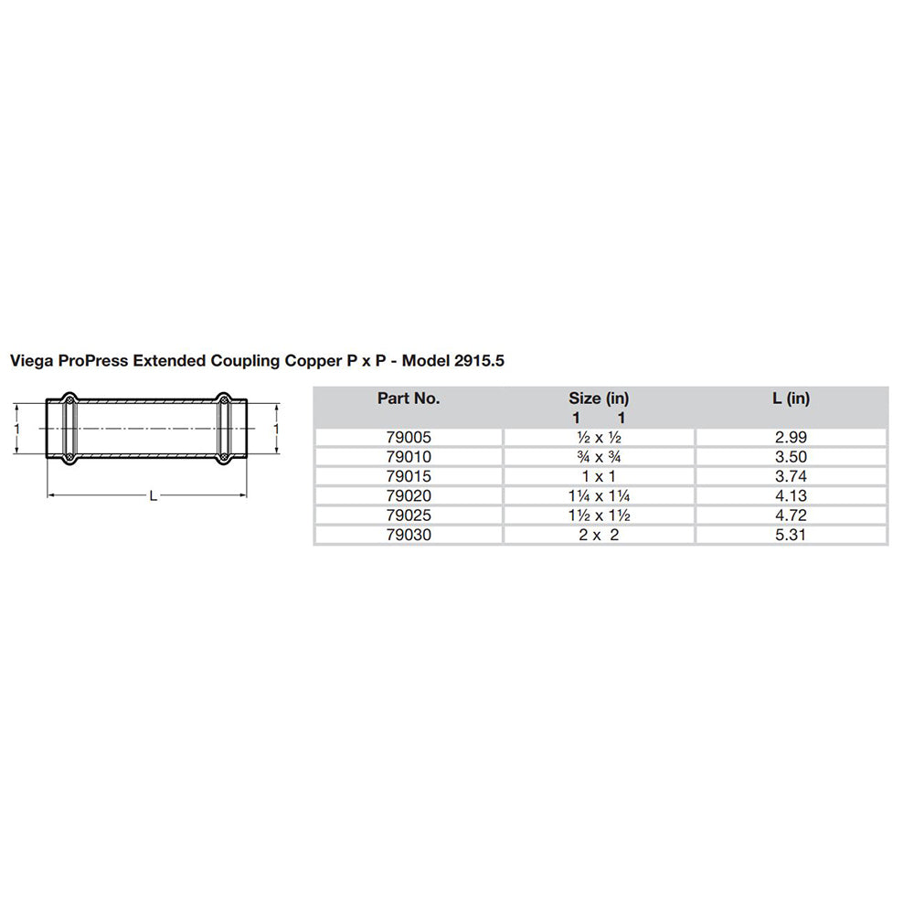Viega ProPress 12 Extended Coupling wo Stop Double Press Connection Smart Connect Technology 79005