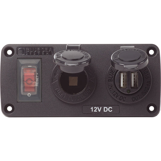 Blue Sea 4363 Water Resistant USB Accessory Panels  15A Circuit Breaker 12V Socket 21A Dual USB Charger 4363
