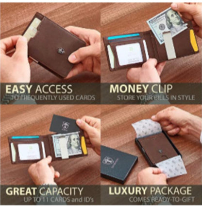 Leather RFID Pocket Wallet with Money Clip (10 Card Capacity)
