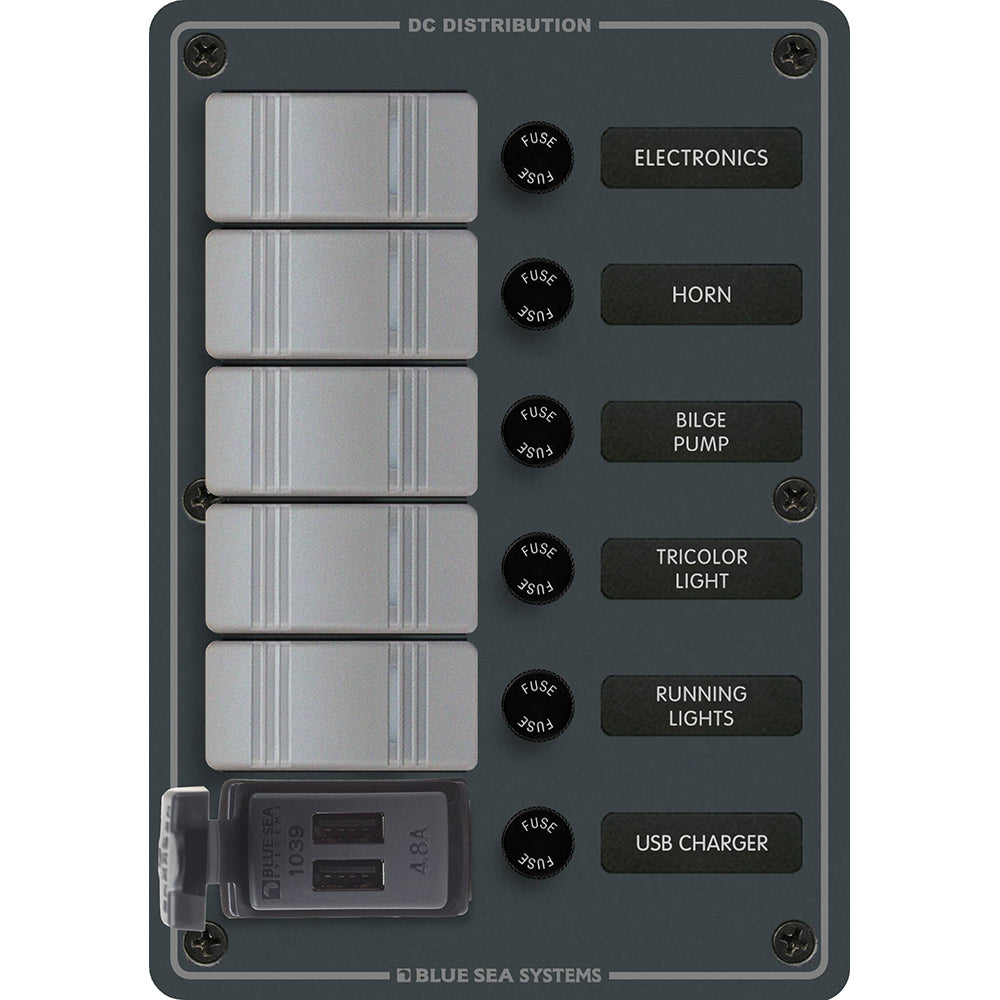 Blue Sea 8121  5 Position Contura Switch Panel wDual USB Chargers  1224V DC  Black 8121