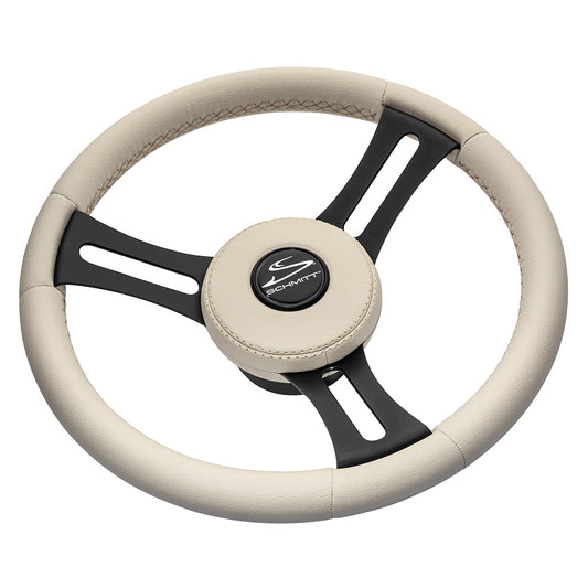 Schmitt Marine Torcello Elite 14 Wheel  Beige Leather  Cap  White Stitching  Black SS Spokes  34 Tapered Shaft PU081B11